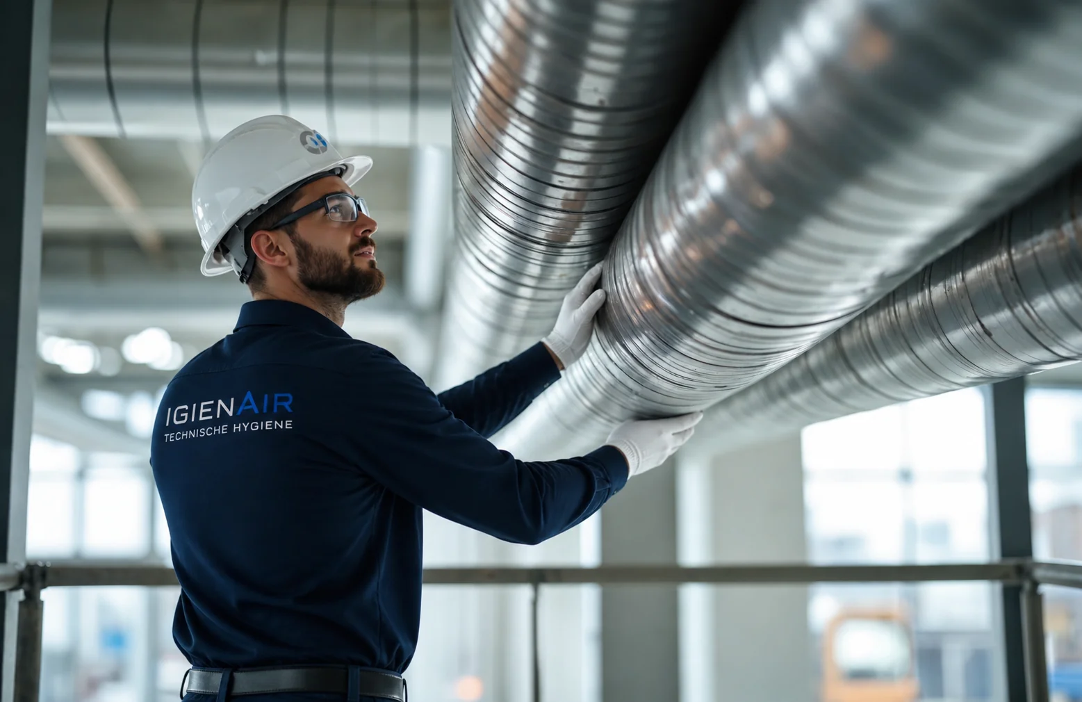 Igienair-Techniker bei der Inspektion von Lüftungskanälen